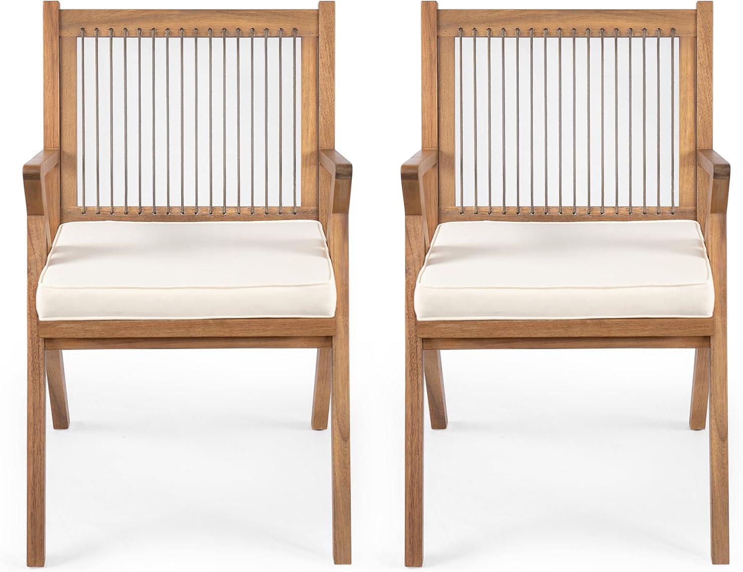 imageChristopher Knight Home Becker Outdoor Dining Chairs Set of 2 with Cushion Acacia Wood Dining Room Armchair Set Garden Chair Set with Handwoven Accent Patio Dinners Comfy Extra Seat Cream Teak