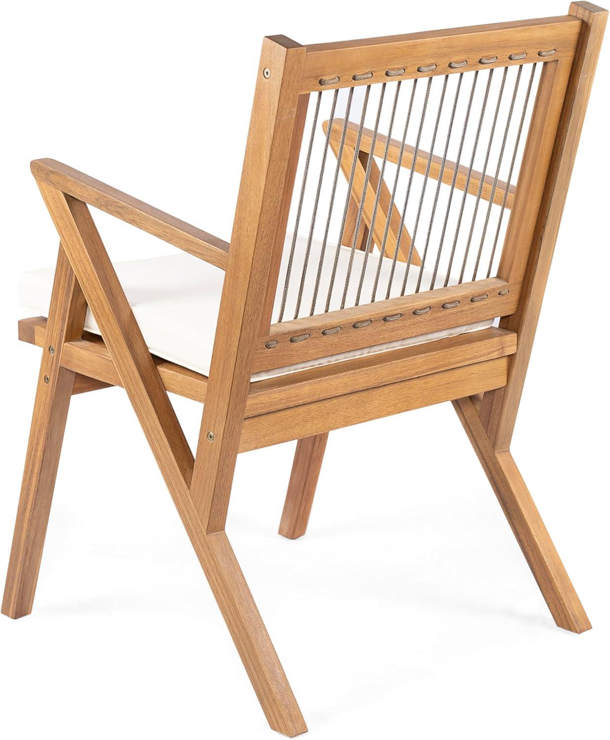 imageChristopher Knight Home Becker Outdoor Dining Chairs Set of 2 with Cushion Acacia Wood Dining Room Armchair Set Garden Chair Set with Handwoven Accent Patio Dinners Comfy Extra Seat Cream Teak
