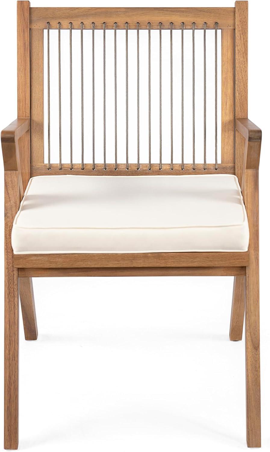 imageChristopher Knight Home Becker Outdoor Dining Chairs Set of 2 with Cushion Acacia Wood Dining Room Armchair Set Garden Chair Set with Handwoven Accent Patio Dinners Comfy Extra Seat Cream Teak