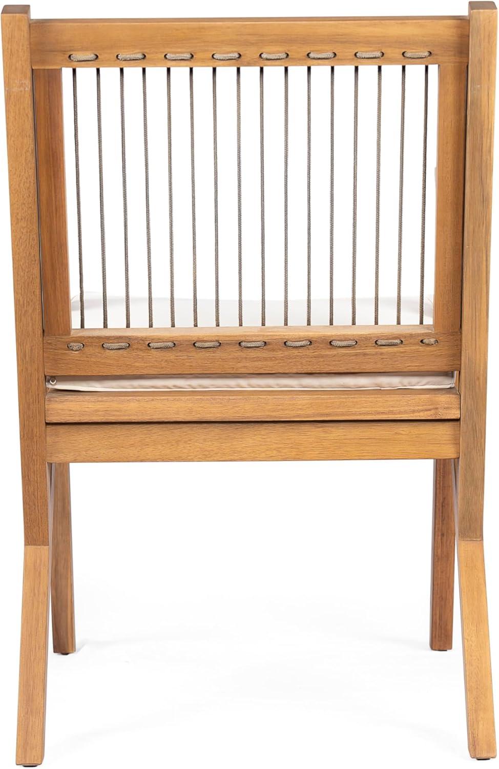 imageChristopher Knight Home Becker Outdoor Dining Chairs Set of 2 with Cushion Acacia Wood Dining Room Armchair Set Garden Chair Set with Handwoven Accent Patio Dinners Comfy Extra Seat Cream Teak