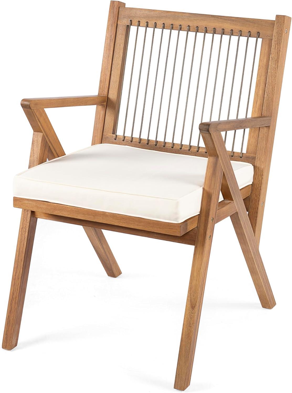 imageChristopher Knight Home Becker Outdoor Dining Chairs Set of 2 with Cushion Acacia Wood Dining Room Armchair Set Garden Chair Set with Handwoven Accent Patio Dinners Comfy Extra Seat Cream Teak