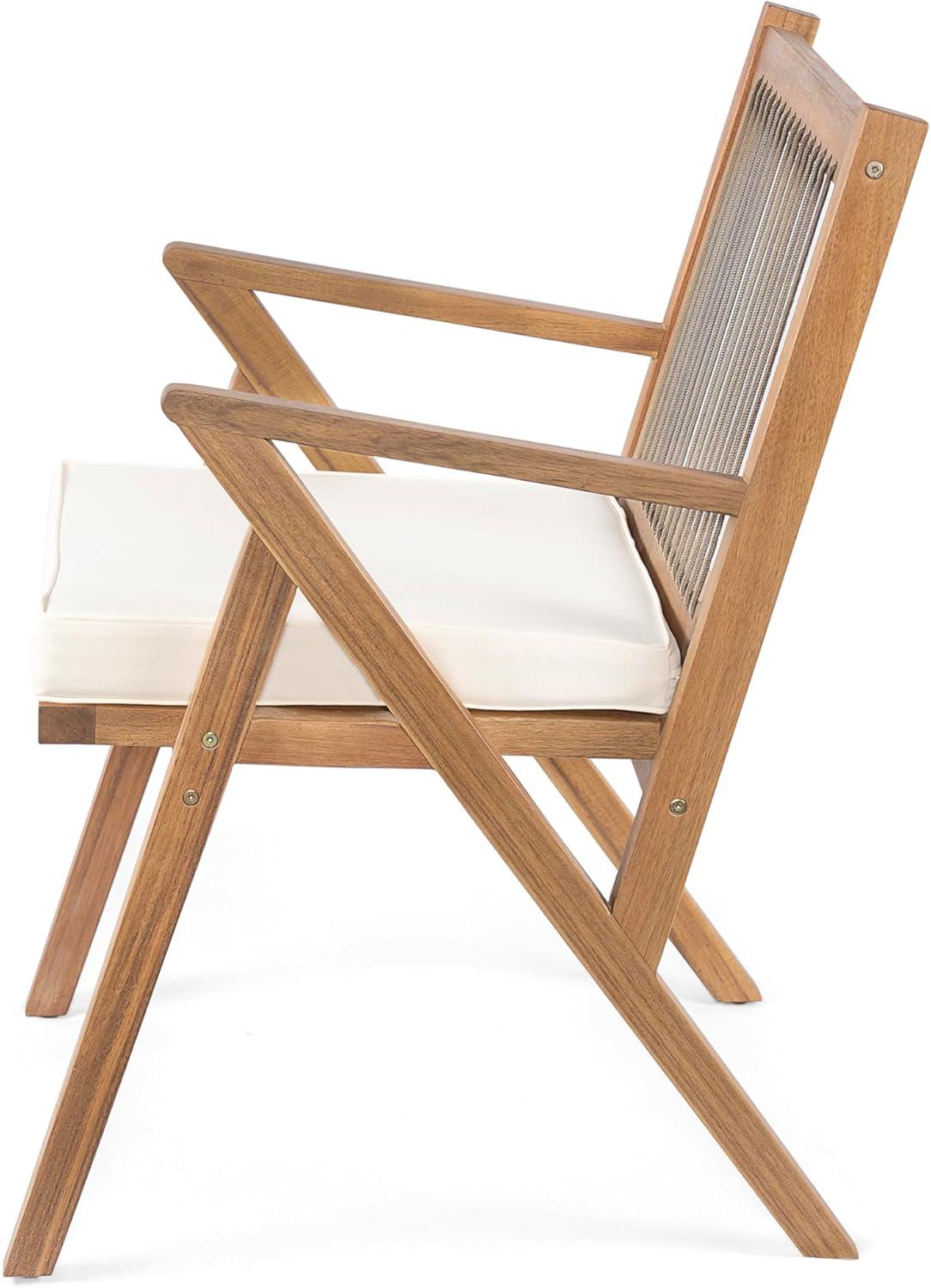 imageChristopher Knight Home Becker Outdoor Dining Chairs Set of 2 with Cushion Acacia Wood Dining Room Armchair Set Garden Chair Set with Handwoven Accent Patio Dinners Comfy Extra Seat Cream Teak