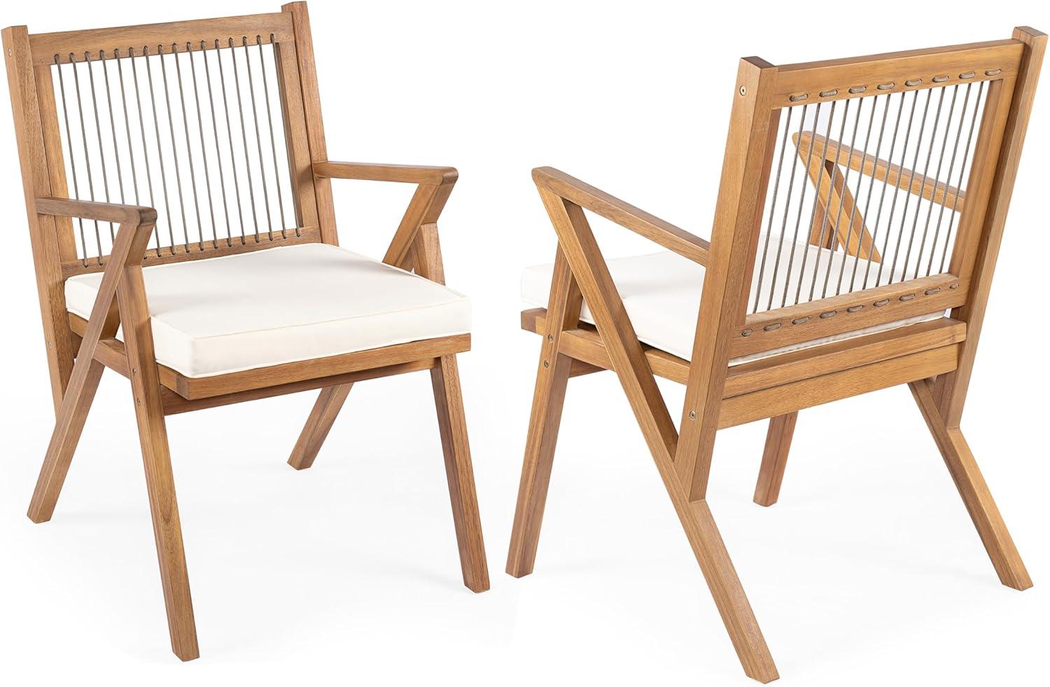 imageChristopher Knight Home Becker Outdoor Dining Chairs Set of 2 with Cushion Acacia Wood Dining Room Armchair Set Garden Chair Set with Handwoven Accent Patio Dinners Comfy Extra Seat Cream Teak