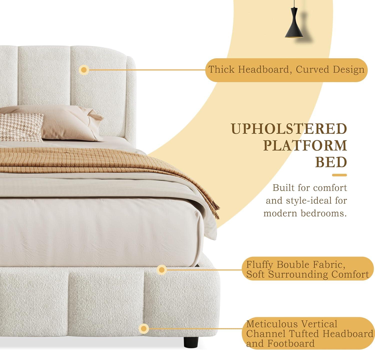 imageChristopher Knight Home Beige Queen Size Platform Bed Bed Frame with Boucle Fabric Headborad Upholstered CurveShaped Design Headboard Wood Bed Support and Slat Easy Assembly