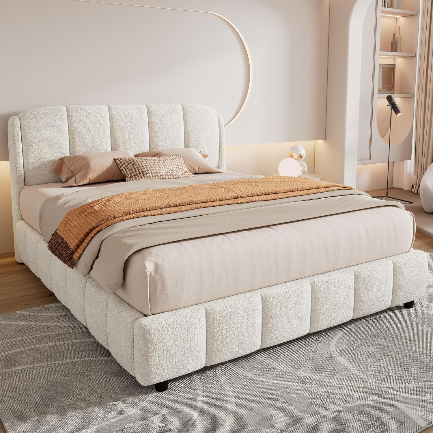 imageChristopher Knight Home Beige Queen Size Platform Bed Bed Frame with Boucle Fabric Headborad Upholstered CurveShaped Design Headboard Wood Bed Support and Slat Easy Assembly