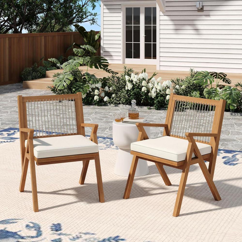 imageChristopher Knight Home Becker Outdoor Dining Chairs Set of 2 with Cushion Acacia Wood Dining Room Armchair Set Garden Chair Set with Handwoven Accent Patio Dinners Comfy Extra Seat Cream Teak