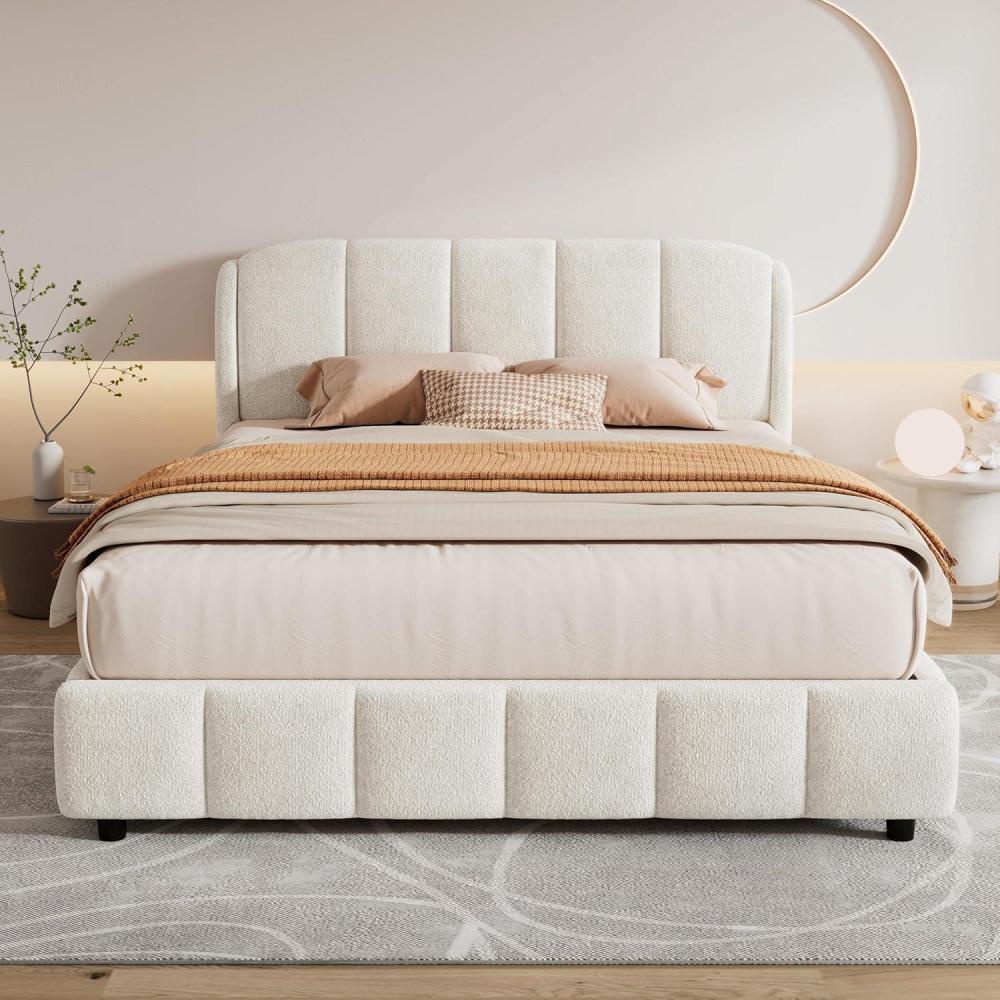 imageChristopher Knight Home Beige Queen Size Platform Bed Bed Frame with Boucle Fabric Headborad Upholstered CurveShaped Design Headboard Wood Bed Support and Slat Easy Assembly