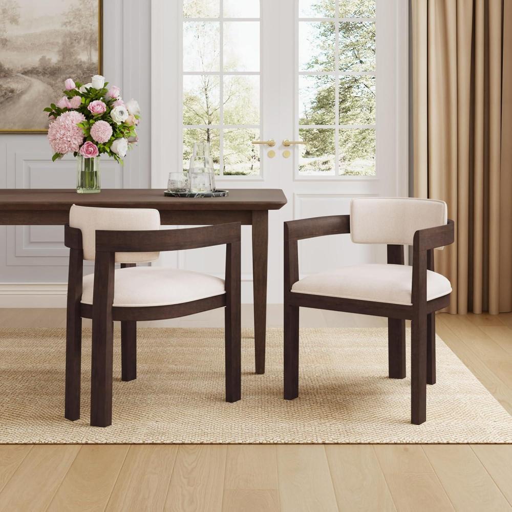 imageChristopher Knight Home Falcon Boucle Fabric Upholstered Dining Chairs Set of 2 Modern Wooden Dining Armchair Curved Backrest Kitchen Side ChairLiving Room Accent Chair Extra Seat EspressoWalnutbeige