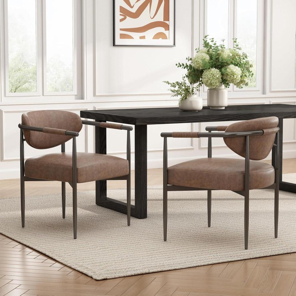 imageChristopher Knight Home Hyeok Modern Fabric Upholstered Dining Chairs Set of 2 Armchair Set with Metal Frame Comfy Accent Chair with BackrestSeat Cushions for KitchenDining Room Beige  BronzeBrownPu Leather