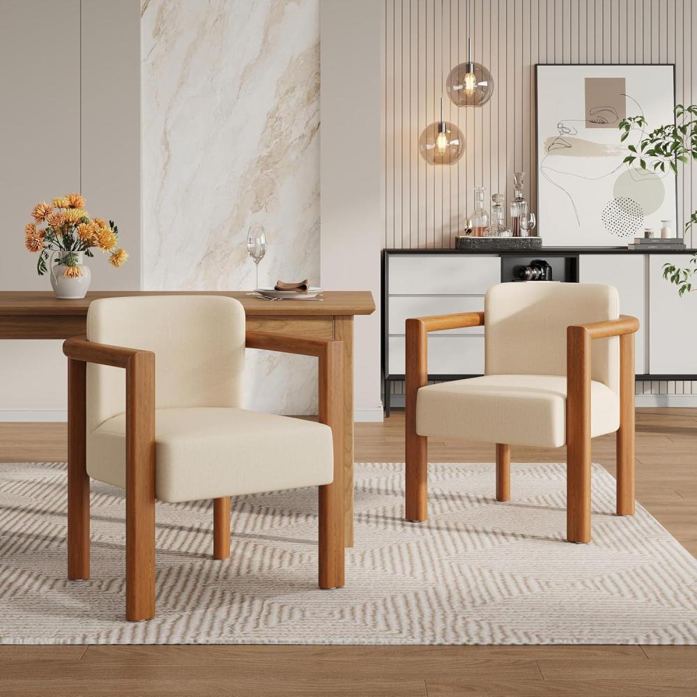 imageChristopher Knight Home Izu Modern Rubberwood Dining Chairs Set of 2 Fabric Upholstered Armchair Set of 2 with Ample Seat Comfy Dining Room Chairs with Curved Backrest Beige Walnut