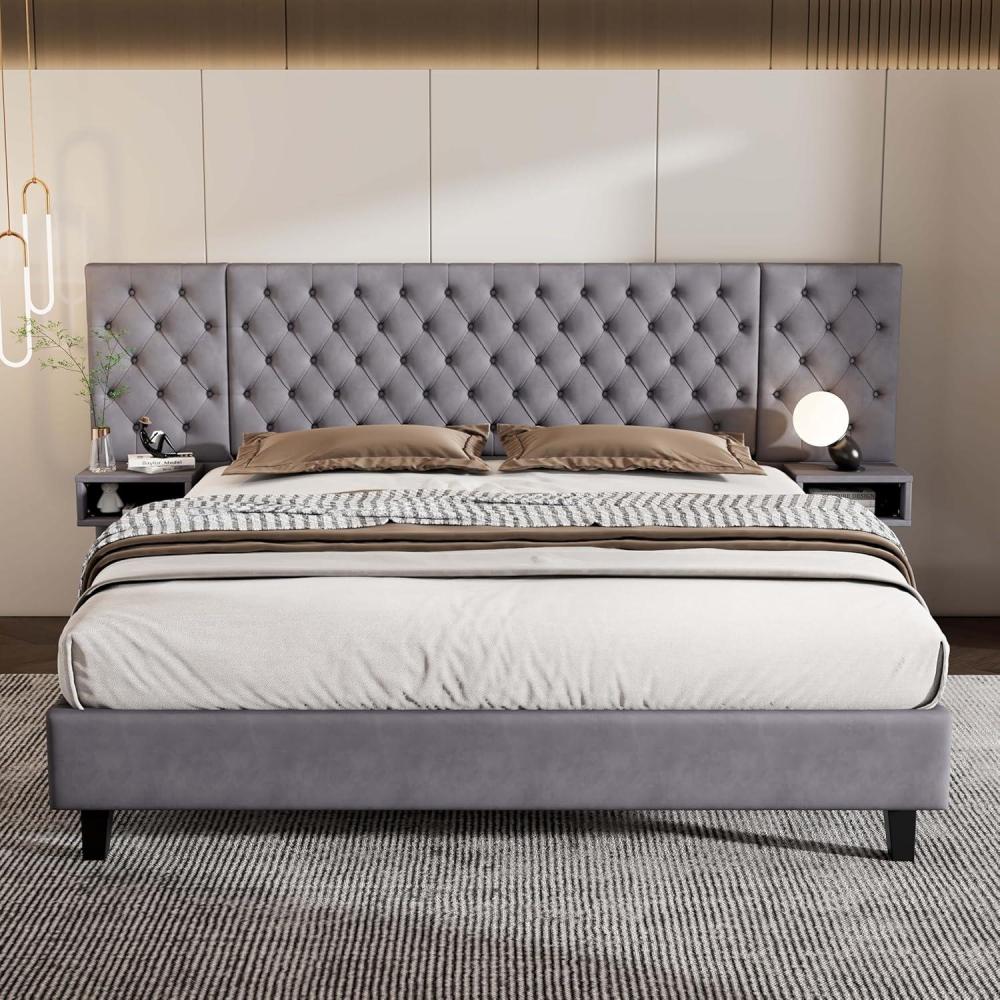 imageChristopher Knight Home King Size Platform Bed with Headboard Upholstered Headboard with Storage Cabinets Tufted Headboard Bed Frame Modern Velvet Bed with 2 Nightstands Storage Organizer GreyGrey King Size
