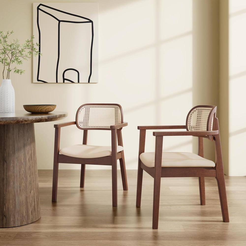 imageChristopher Knight Home Orrin Contemporary Wooden Dining Chairs Set of 2 Fabric Upholstered Kitchen Side Armchair with Curved Rattan Backrest Comfy Living Room Chairs Set of 2 Beige BrownBeige Brown