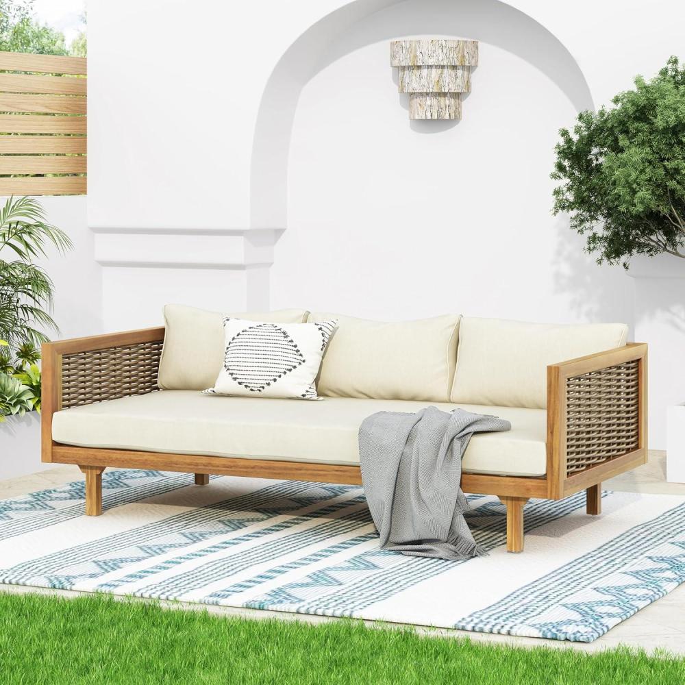 imageChristopher Knight Home Outdoor 3 Seater Acacia Wood Daybed with Fabric Water Resistant and Removable Cushions Patio Garden Poolside Sofa with Wicker Armrest and Slat Paneling Back Teak and BeigeTeak and Beige