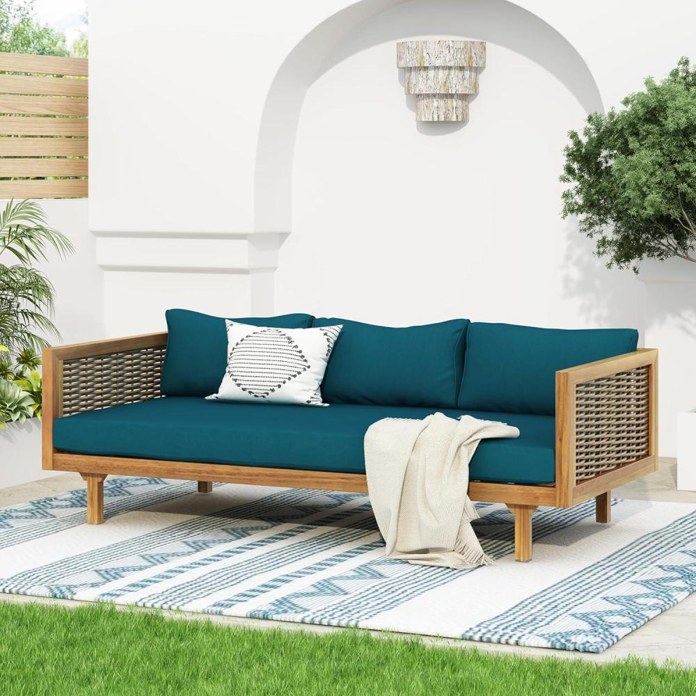 imageChristopher Knight Home Outdoor 3 Seater Acacia Wood Daybed with Fabric Water Resistant and Removable Cushions Patio Garden Poolside Sofa with Wicker Armrest and Slat Paneling Back Teak and BeigeTeak and Dark Teal
