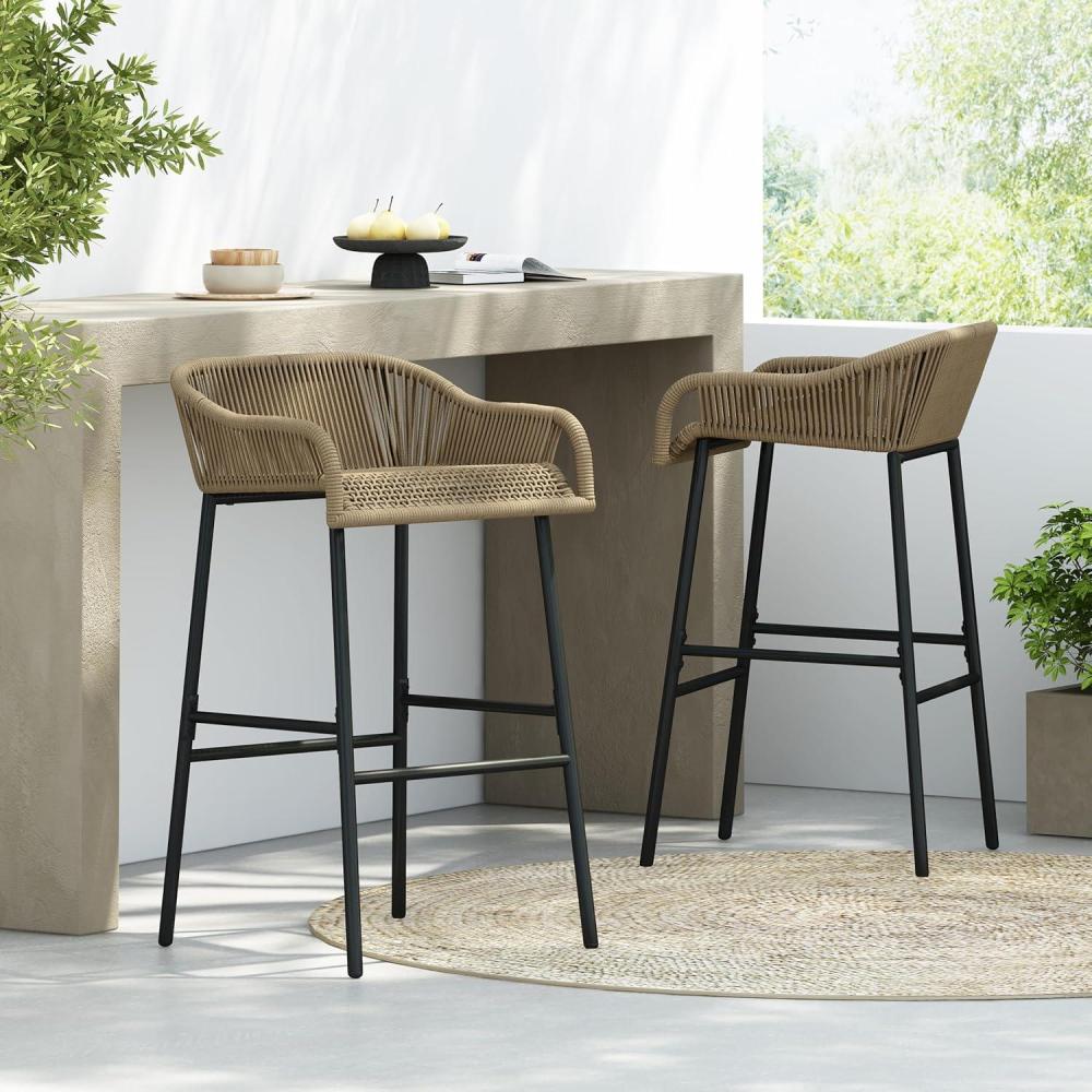 imageChristopher Knight Home Outdoor Patio Rope Weave Iron Barstools Powder Coated Iron Frame Barstools Black Brown Set of 2Light Brownblack