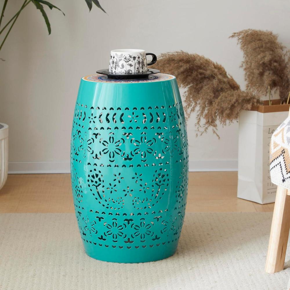 imageChristopher Knight Home Outdoor Side Table Lace Cut IronSideTable Patio Garden Stool Coffee End Table Round Hollow DrumSideTable Metal Decorative Garden Stool for Patio Balcony Teal