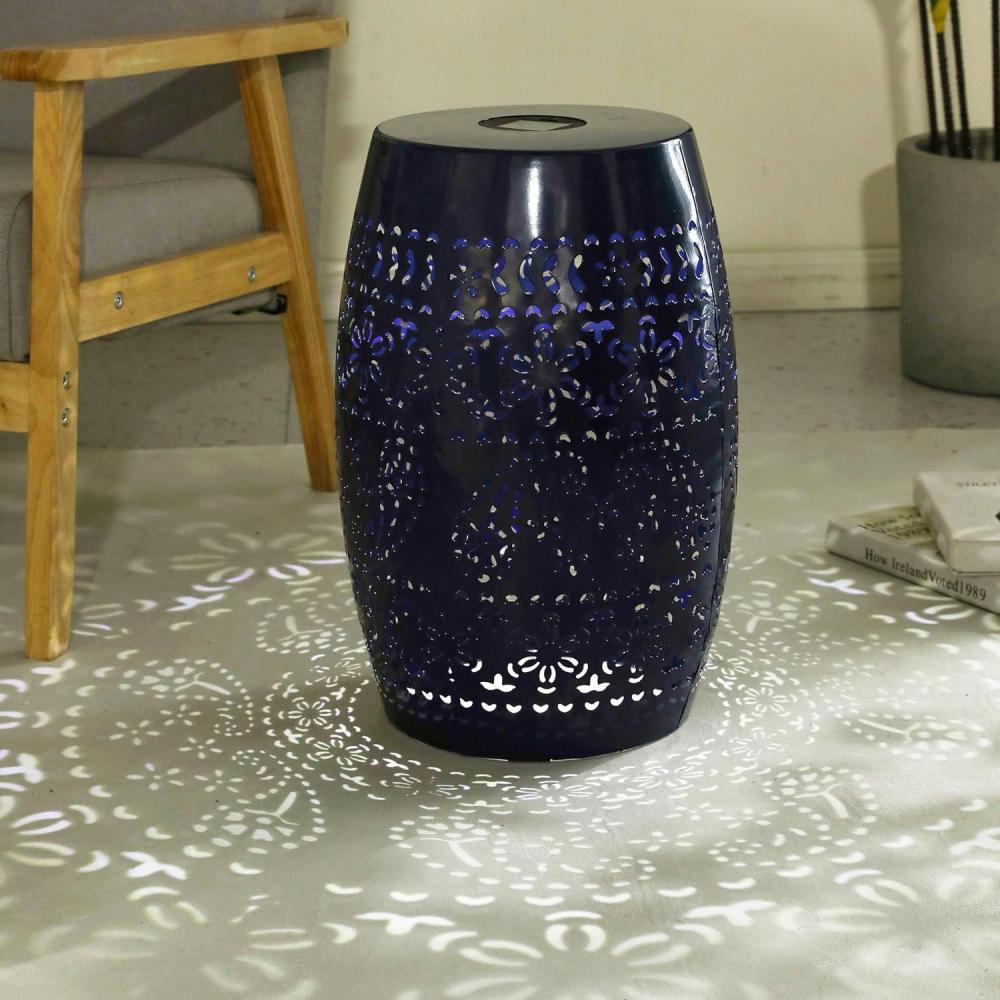 imageChristopher Knight Home Patio Side Table with Solar Powered Light Outdoor Metal Coffee Table Lace Cut Iron End Table Patio Garden Stool with Cutout Design for Patio or Balcony BlueBlue