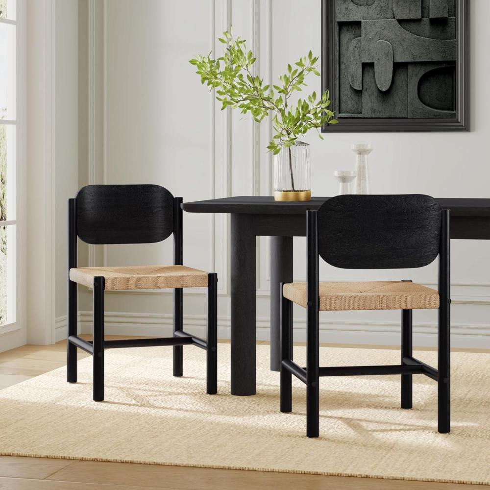 imageChristopher Knight Home Wolta Acacia Wood Dining Chair Set of 2 Boho Wooden Dining Room Armless Chair with Rope Woven Detail Boho Indoor Kitchen Side Chair BlackDark Beige