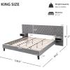 Christopher Knight Home King Size Platform Bed with Headboard, Upholstered Headboard with Storage Cabinets, Tufted Headboard Bed Frame, Modern Velvet Bed with 2 Nightstands Storage Organizer, Grey(Grey King Size)