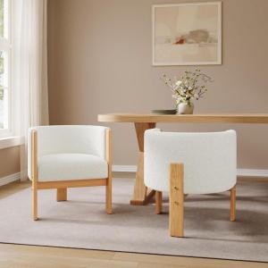 Christopher Knight Home Annie Modern Boucle Upholstered Dining Chairs Set of 2, Wooden Dining Room Armchair, Curved Backrest Kitchen Chairs, Living Room Accent Chair for Extra Seat, Natural + White