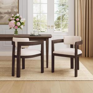 Christopher Knight Home Falcon Boucle Fabric Upholstered Dining Chairs Set of 2, Modern Wooden Dining Armchair, Curved Backrest Kitchen Side Chair,Living Room Accent Chair Extra Seat, Espresso(Walnut+beige)