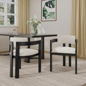 Christopher Knight Home Falcon Boucle Fabric Upholstered Dining Chairs Set of 2, Modern Wooden Dining Armchair, Curved Backrest Kitchen Side Chair,Living Room Accent Chair Extra Seat, Espresso(Black+milky White)