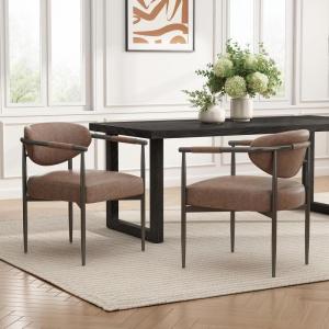 Christopher Knight Home Hyeok Modern Fabric Upholstered Dining Chairs Set of 2, Armchair Set with Metal Frame, Comfy Accent Chair with Backrest/Seat Cushions for Kitchen/Dining Room, Beige + Bronze(Brown/Pu Leather)