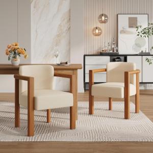 Christopher Knight Home Izu Modern Rubberwood Dining Chairs Set of 2, Fabric Upholstered Armchair Set of 2 with Ample Seat, Comfy Dining Room Chairs with Curved Backrest, Beige + Walnut