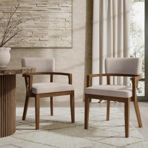 Christopher Knight Home Jarvan Boucle Upholstered Dining Chairs Set of 2, Mid Century Modern Kitchen Chair with Open Backrest and U-Shape Armrest, Wooden Living Room Chairs Set of 2, Beige + Oak(Khaki + Walnut)