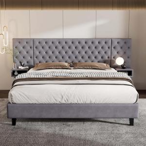 Christopher Knight Home King Size Platform Bed with Headboard, Upholstered Headboard with Storage Cabinets, Tufted Headboard Bed Frame, Modern Velvet Bed with 2 Nightstands Storage Organizer, Grey(Grey King Size)