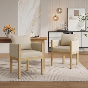 Christopher Knight Home Lucid Linen Upholstered Dining Chairs Set of 2, Rubber Wood Dining Room Chairs, Modern Armchair, Extra Seating for Dining Room, Versatile Indoor Furniture, Beige + Natural(Beige + Natural)