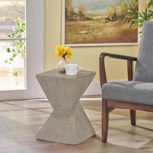 Christopher Knight Home Novi Outdoor Side Table, Cylindrical Decorative Accent Side End Table, Garden Stool for Patio Balcony Beach Pool, Lightweight Concrete, Wood-Like Texture, Antique Brown(Light Gray)