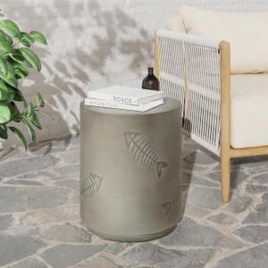 Christopher Knight Home Novi Outdoor Side Table, Cylindrical Decorative Accent Side End Table, Garden Stool for Patio Balcony Beach Pool, Lightweight Concrete, Wood-Like Texture, Antique Brown(Grey)