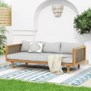 Christopher Knight Home Outdoor 3 Seater Acacia Wood Daybed with Fabric Water Resistant and Removable Cushions, Patio Garden Poolside Sofa with Wicker Armrest and Slat Paneling Back, Teak and Beige(Teak and Light Grey)