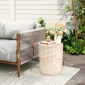 Christopher Knight Home Outdoor Round Side Table,Patio Garden Stool End Coffee Table,Decorative Accent Table for Patio,or Balcony,Lightweight Concrete Material,Black Marble(Travertine cylinder)