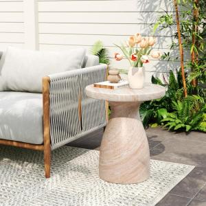 Christopher Knight Home Outdoor Round Side Table,Patio Garden Stool End Coffee Table,Decorative Accent Table for Patio,or Balcony,Lightweight Concrete Material,Black Marble(Travertine round Top)