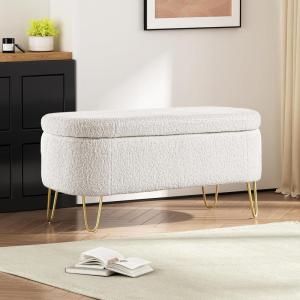 Christopher Knight Home Oval Storage Bench, Upholstered Storage Ottoman, Boucle Ottoman, Small Foot Rest Stool, End Side Table,Toy Box Storage for Living Room Bedroom End of Bed Entryway, White