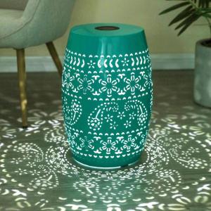 Christopher Knight Home Patio Side Table with Solar Powered Light, Outdoor Metal Coffee Table, Lace Cut Iron End Table, Patio Garden Stool with Cutout Design for Patio or Balcony, Blue(Teal)