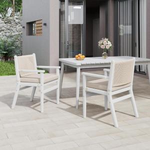 Christopher Knight Home Wecker Acacia Wood Outdoor Dining Chairs Set of 2, Wooden Patio Armchair with Water Repellent Cushion, Outdoor Kitchen Side Chair for Lawn, Garden, Backyard, Beige+White(Beige+white)