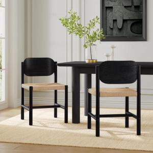Christopher Knight Home Wolta Acacia Wood Dining Chair Set of 2, Boho Wooden Dining Room Armless Chair with Rope Woven Detail, Boho Indoor Kitchen Side Chair, Black+Dark Beige