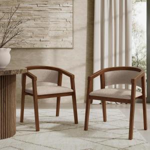 Christopher Knight Home Yunara Comfy Boucle Upholstered Dining Chairs Set of 2, Wooden Kitchen Chair with Curved Open Backrest, Mid Century Modern Living Room Chairs Set of 2, Light Brown + Walnut(Light Brown + Walnut)