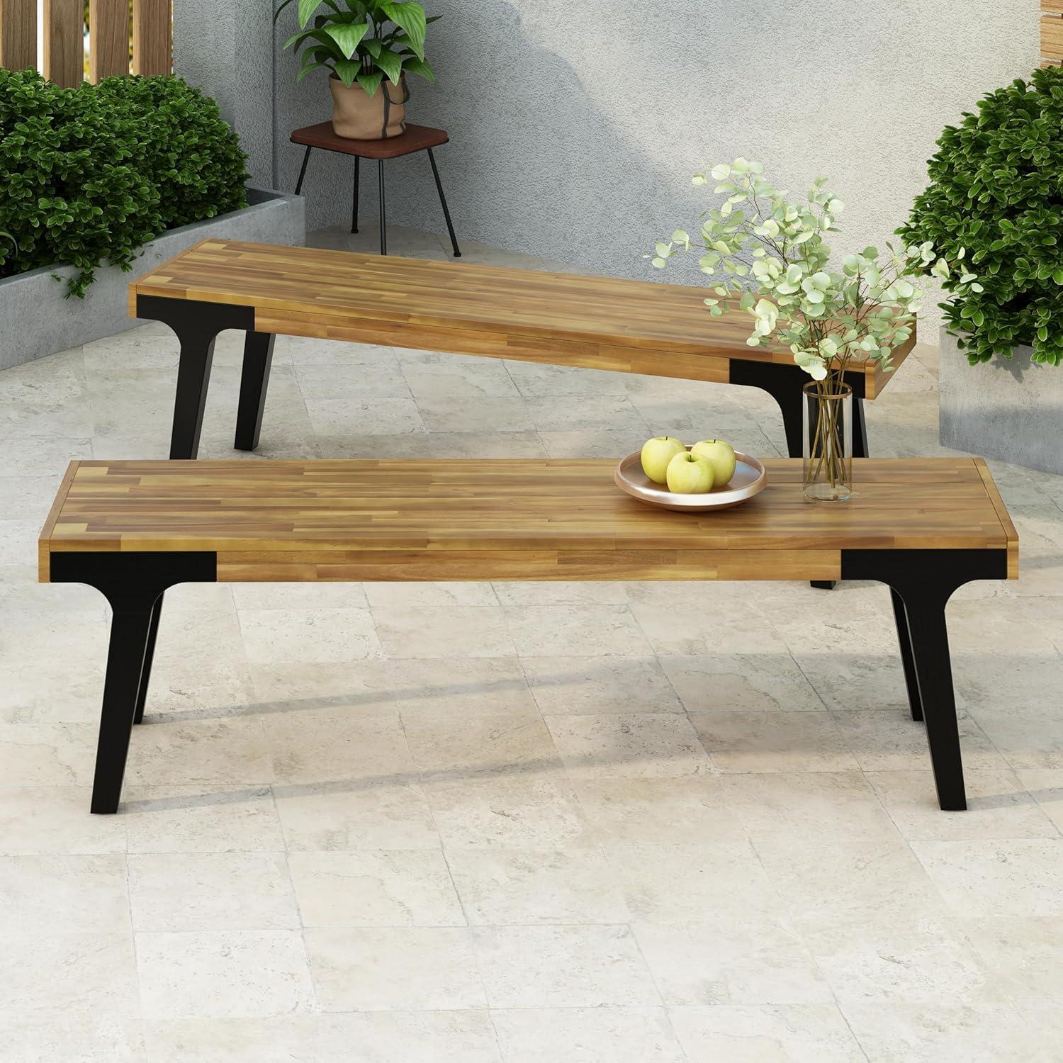 imageChristopher Knight Home 3 Piece Patio Dining TableAcacia Wood Table Bench Dining Set2 Wood Benches with 69 Large Dining TableIndustrial Style Dining Furniture Set for Outdoor Deck Yard Porch