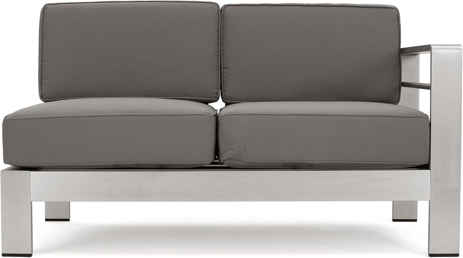imageChristopher Knight Home Cape Coral Outdoor VShaped Sofa set with Fire Table Khaki Dark Grey