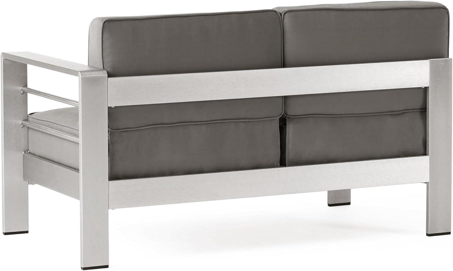 imageChristopher Knight Home Cape Coral Outdoor VShaped Sofa set with Fire Table Khaki Dark Grey