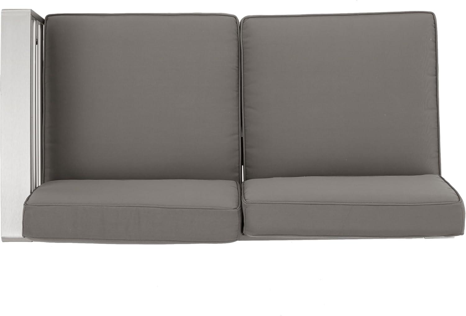 imageChristopher Knight Home Cape Coral Outdoor VShaped Sofa set with Fire Table Khaki Dark Grey