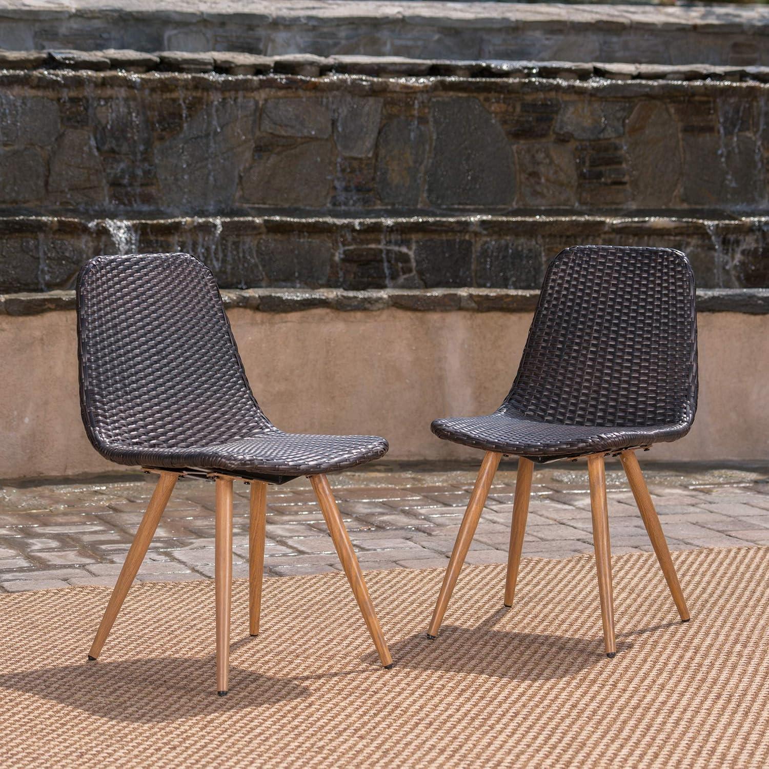 imageChristopher Knight Home Gila Outdoor Wicker Dining Chairs with Wood Finished Metal Legs 2Pcs Set Multibrown Light Brown