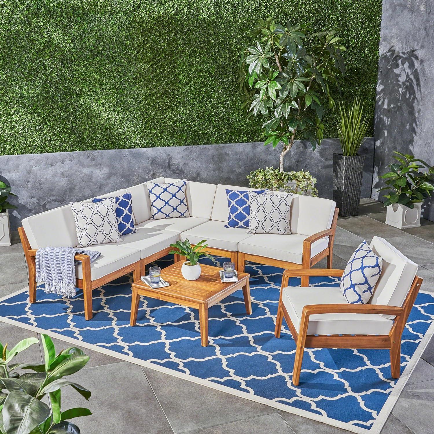 imageChristopher Knight Home Grena Outdoor Acacia Wood 6 Seater Sectional Conversation Set with Coffee Table Teak and Beige