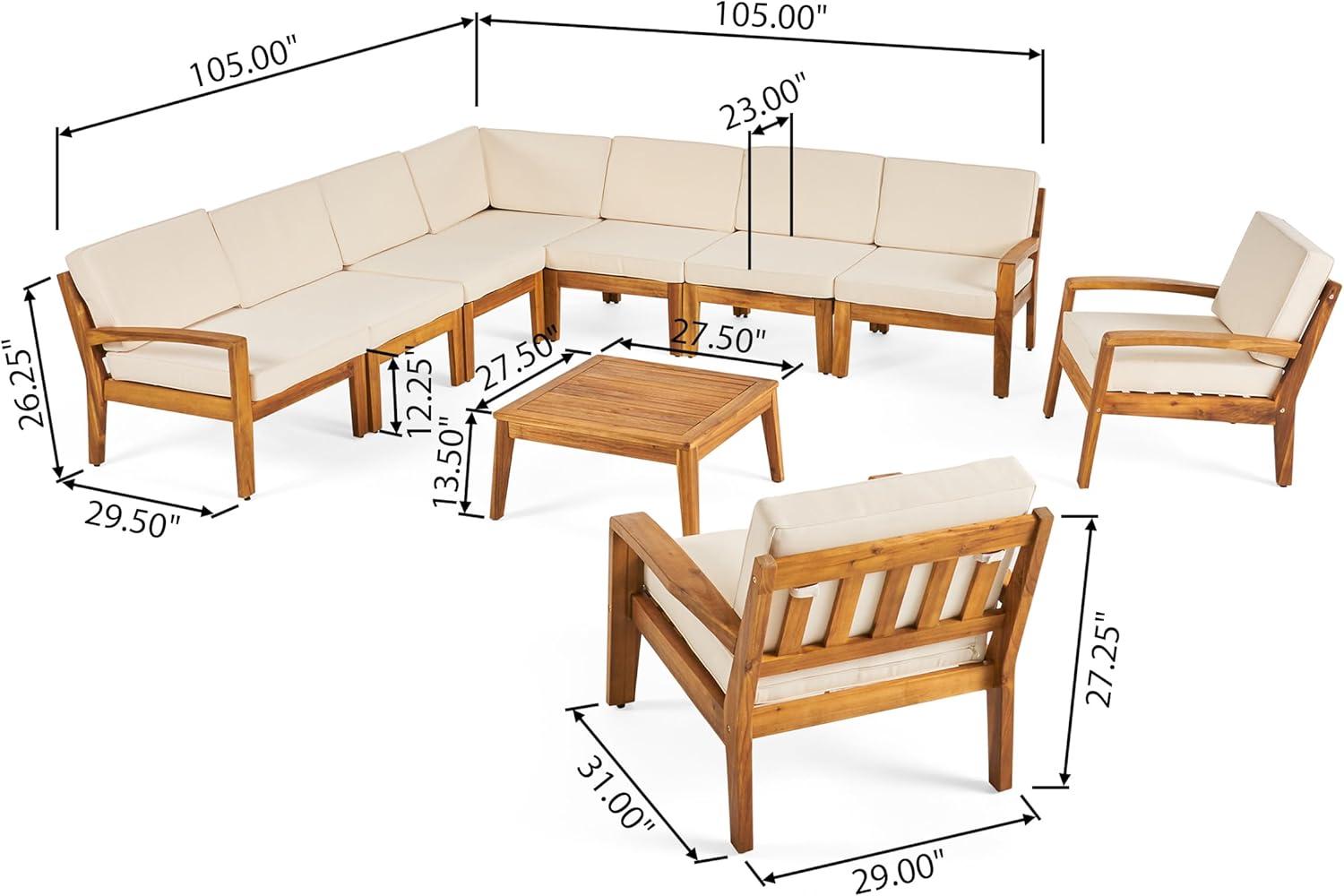 imageChristopher Knight Home Grena Outdoor Acacia Wood 9 Seater Sectional Conversation Set with Coffee Table Teak and Beige
