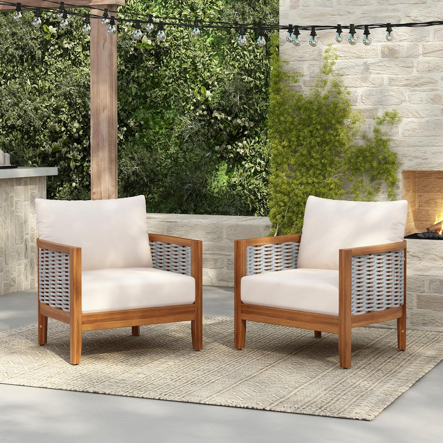 imageChristopher Knight Home Hevats Patio Acacia Wood Club Chair with Woven Rope Tub Design Outdoor Armchair Farmhouse Dining Chair Thick Cushion Seating for Garden Backyard Balcony Set of 2 TeakBeige
