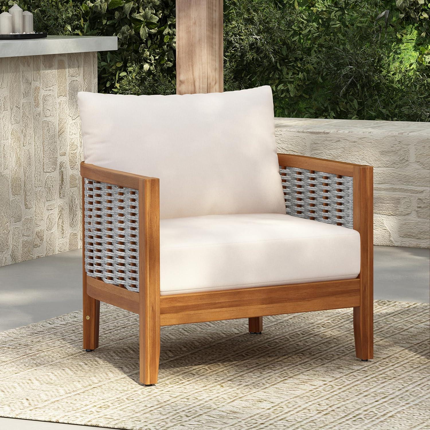 imageChristopher Knight Home Hevats Patio Acacia Wood Club Chair with Woven Rope Tub Design Outdoor Armchair Farmhouse Dining Chair Thick Cushion Seating for Porch Garden Backyard Balcony TeakBeige